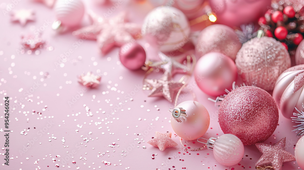 Pink Christmas background with balls, tree, sparkling, gift and snowflakes Pink Christmas background with balls, tree, sparkling, gift and snowflakes