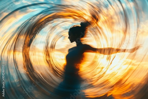 Silhouette Dancing Amidst Vibrant Sunset Swirls Capturing Movement Energy