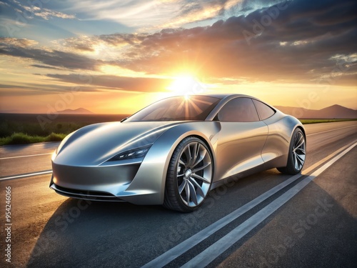 Sleek, silver luxury electric vehicle parked on a sunny road, futuristic design and advanced technology evident in its