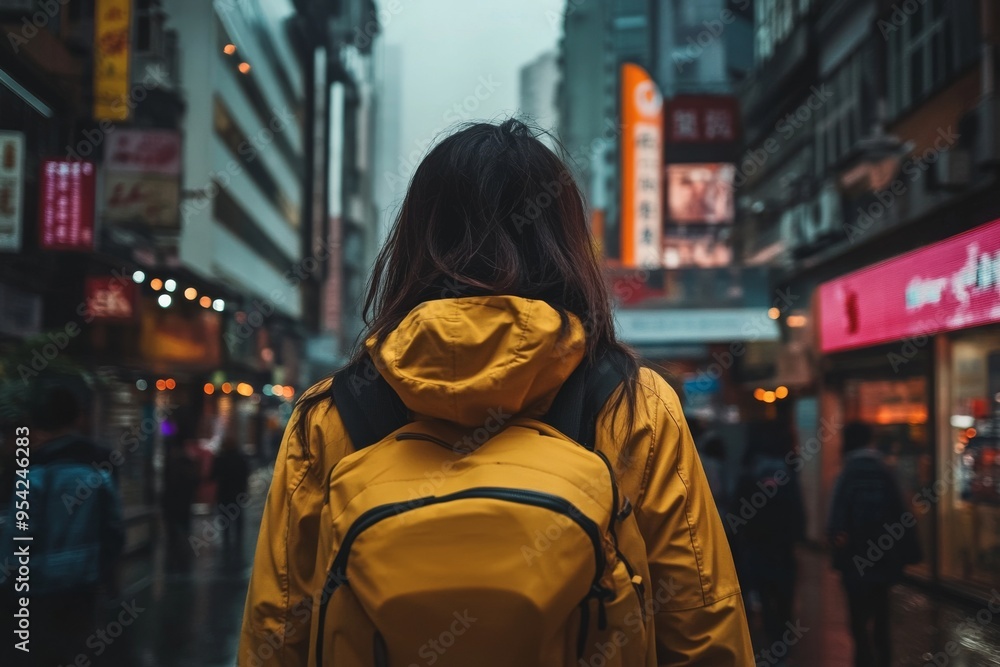 Urban Wanderer in a Rainy City Street with Illuminated Neon Signs and Yellow Backpack Urban Wanderer in a Rainy City Street with Illuminated Neon Signs and Yellow Backpack