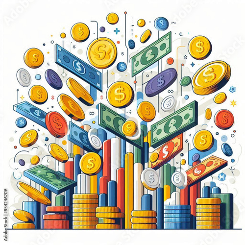 Free  Money vector money photo Gold coins and banknotes 3d cartoon style icon black Friday 
