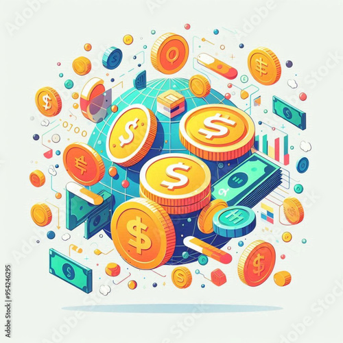 Free  Money vector money photo Gold coins and banknotes 3d cartoon style icon black Friday 
