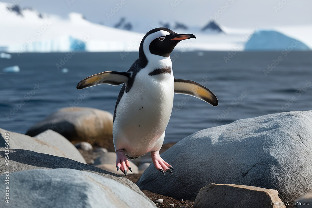 Naklejka premium penguin its white eye try to fly on rock