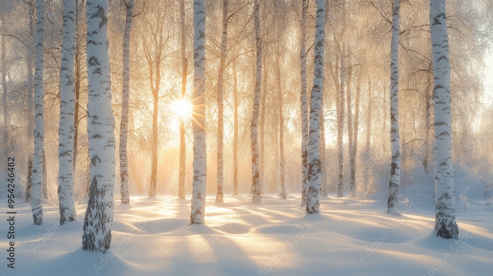 Sunbeams Through Snowy Birch Trees in a Winter Forest Sunbeams Through Snowy Birch Trees in a Winter Forest