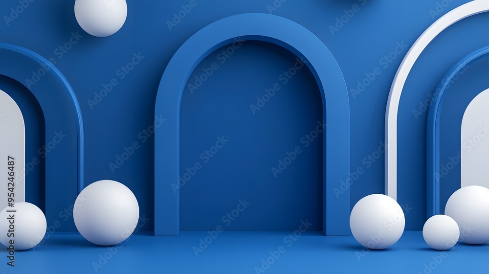 The blue archway is decorated with white balls and blue balls The blue archway is decorated with white balls and blue balls