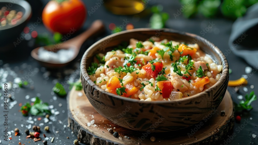 This close-up image captures a vibrant and appetizing Italian pasta dish in a wooden bowl. This close-up image captures a vibrant and appetizing Italian pasta dish in a wooden bowl.