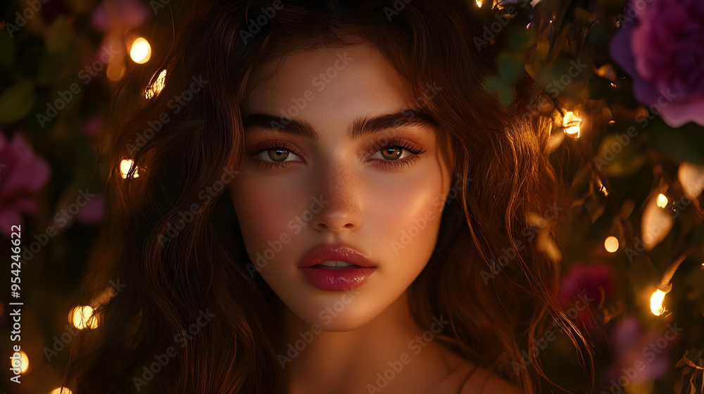 Portrait of a young woman with soft, warm light and flowers. Portrait of a young woman with soft, warm light and flowers.