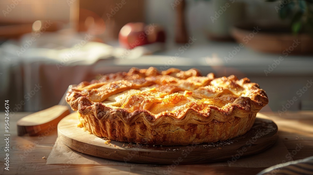 A delicious apple pie on a wooden board, ready to be served. A delicious apple pie on a wooden board, ready to be served.