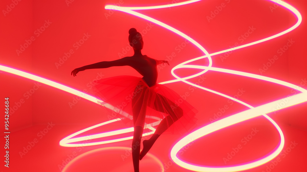 3D illustration of a ballerina silhouette in ballet dress dancing pose in space with colorful neon lights and glow holographic lines in dreamy cyberpunk fashion style gradient vivid red background 3D illustration of a ballerina silhouette in ballet dress dancing pose in space with colorful neon lights and glow holographic lines in dreamy cyberpunk fashion style gradient vivid red background