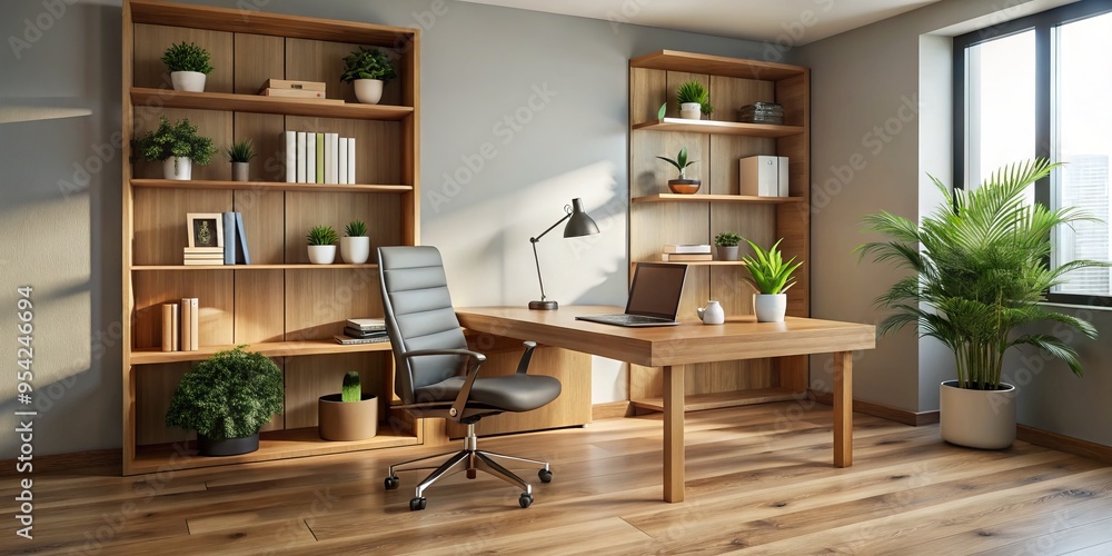 Fototapeta premium Sleek wooden desk with ergonomic chair, empty walls, and a few selected books and decorative items create a