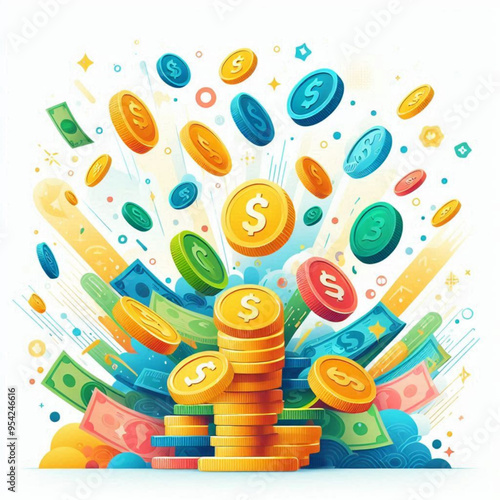 Free  Money vector money photo Gold coins and banknotes 3d cartoon style icon black Friday 
