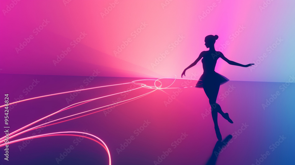 3D illustration of a ballerina silhouette in ballet dress dancing pose in space with neon lights and glow holographic lines in dreamy cyberpunk fashion style pink background 3D illustration of a ballerina silhouette in ballet dress dancing pose in space with neon lights and glow holographic lines in dreamy cyberpunk fashion style pink background