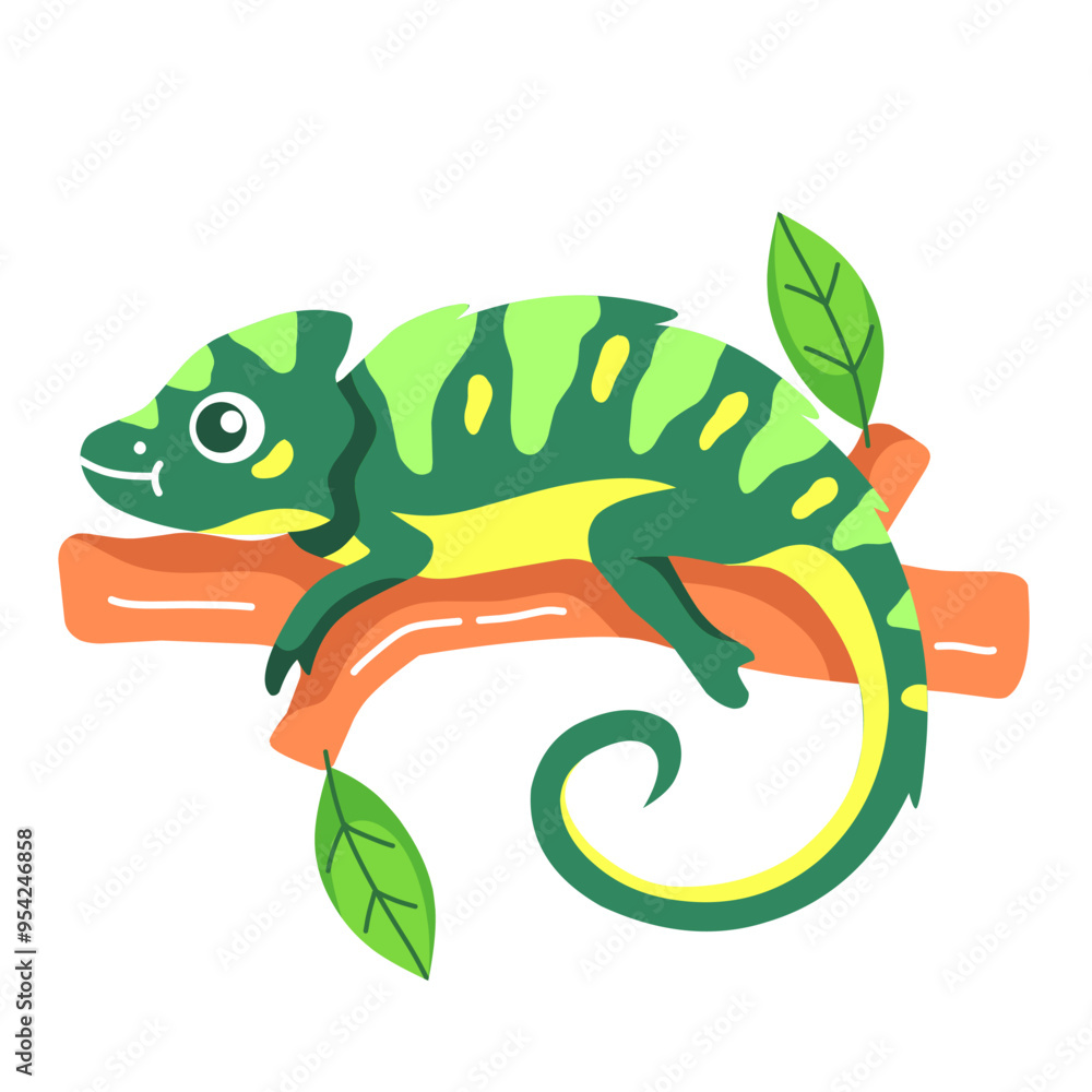 Obraz premium cute chameleon on tree trunk cartoon illustration. unique animal concept that can camouflage. colorful design good for children's t-shirts, picture books, stickers and others