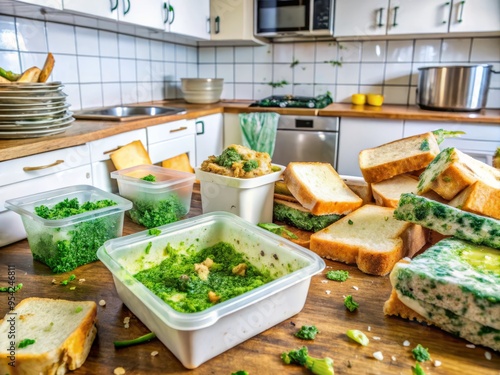 Slimy green mold covers rotten leftovers on a cluttered kitchen counter, surrounded by empty takeout containers and photo