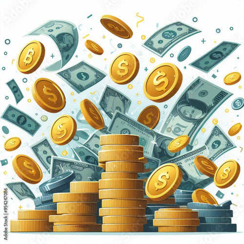 Free  Money vector money photo Gold coins and banknotes 3d cartoon style icon black Friday 
