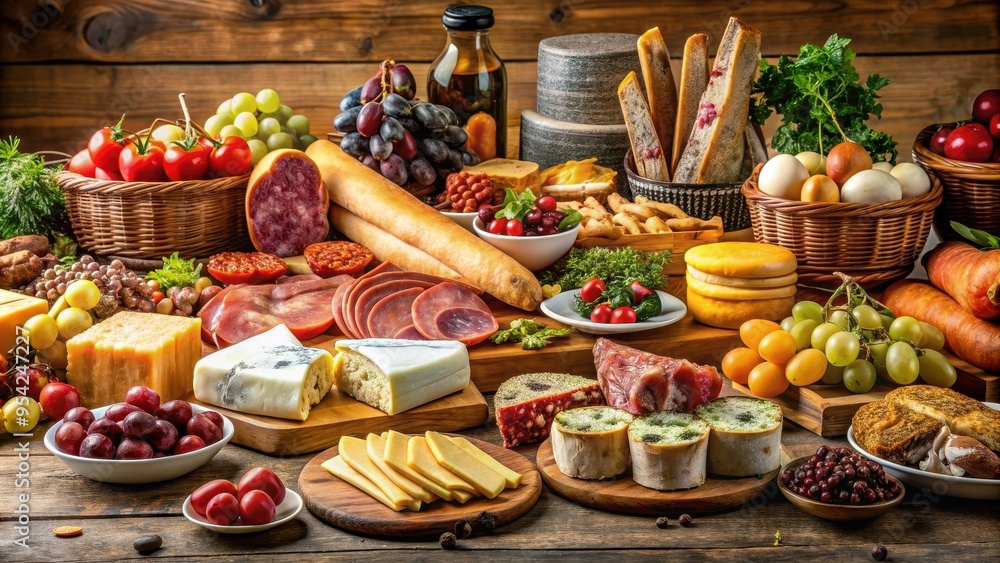 A lavish table filled with various European delicacies such as cheeses, meats, pastries, and fruits , gastronomy A lavish table filled with various European delicacies such as cheeses, meats, pastries, and fruits , gastronomy