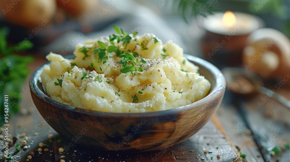A close-up of a bowl filled with creamy mashed potatoes garnished with fresh herbs and spices, A close-up of a bowl filled with creamy mashed potatoes garnished with fresh herbs and spices,