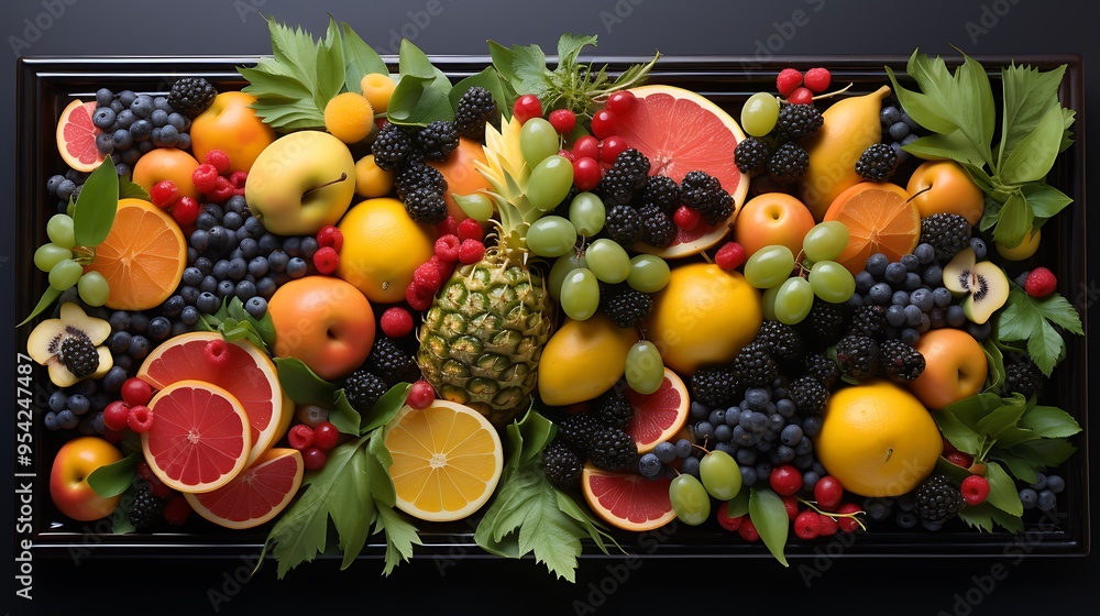 A stunning arrangement of seasonal fruits, including berries, melon, and citrus, on a decorative platter with a geometric pattern. A stunning arrangement of seasonal fruits, including berries, melon, and citrus, on a decorative platter with a geometric pattern.