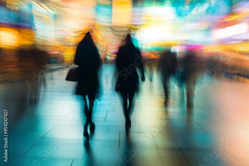 Blurred Silhouettes Walking City Street at Nighttime in Neon Urban Atmosphere