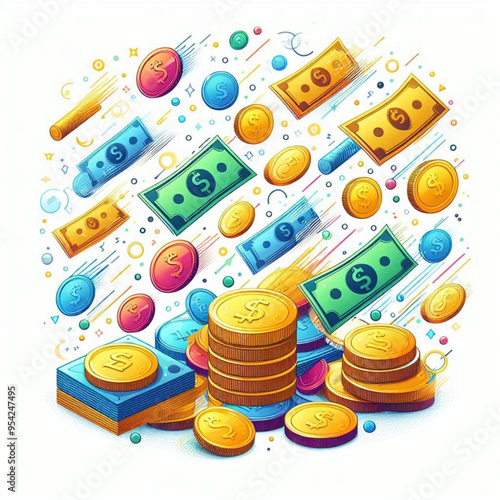 Free  Money vector money photo Gold coins and banknotes 3d cartoon style icon black Friday 
