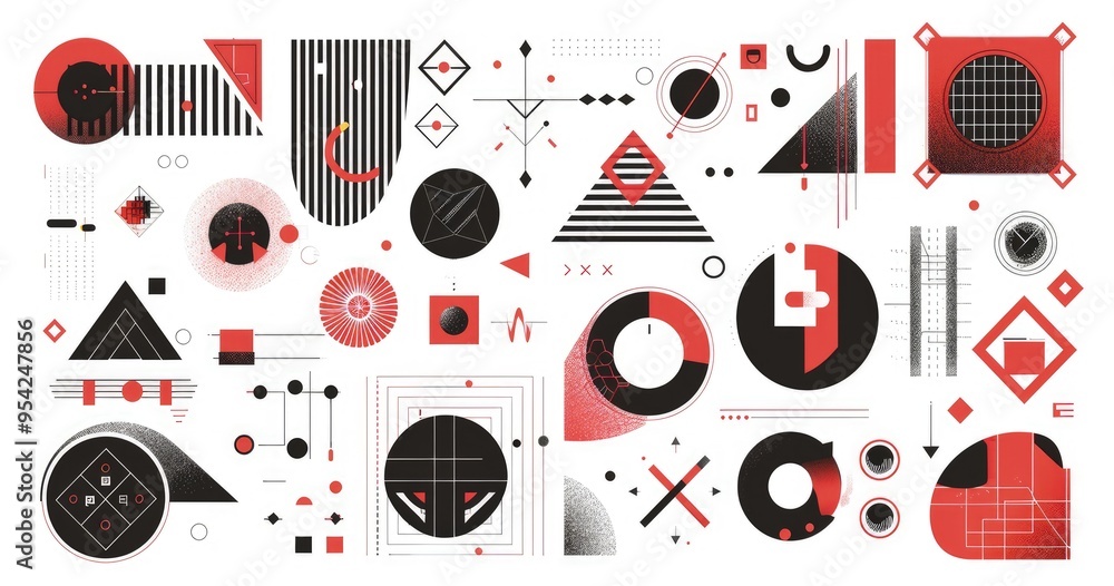 A collection of abstract geometric shapes and patterns in black, white, and red colors. A collection of abstract geometric shapes and patterns in black, white, and red colors.