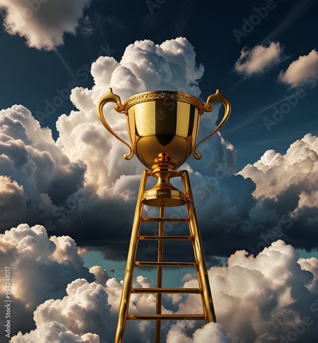 Golden Trophy Atop a Ladder Reaching into the Clouds Symbolizing Ambition and High 