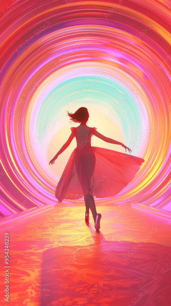 3D illustration of a woman wearing ballet dress pose in rainbow colorful circular tunnel with pretty light and shadow in fashion solarpunk style poster 3D illustration of a woman wearing ballet dress pose in rainbow colorful circular tunnel with pretty light and shadow in fashion solarpunk style poster