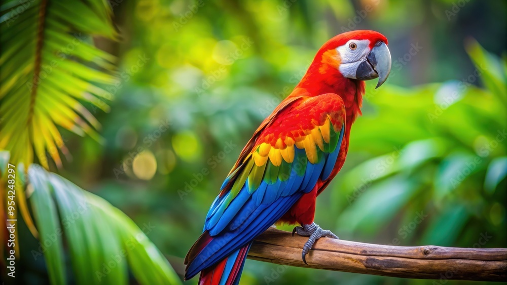 Close-up photo of a colorful Macaw perched on a branch in the rainforest, wildlife, nature, exotic, bird, tropical Close-up photo of a colorful Macaw perched on a branch in the rainforest, wildlife, nature, exotic, bird, tropical