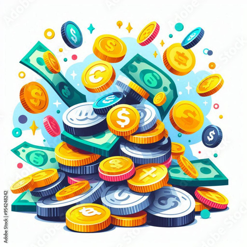 Free  Money vector money photo Gold coins and banknotes 3d cartoon style icon black Friday 
