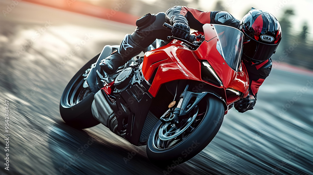 Red motorcycle speeding on a race track, the rider in full leathers leans into the turn. Red motorcycle speeding on a race track, the rider in full leathers leans into the turn.