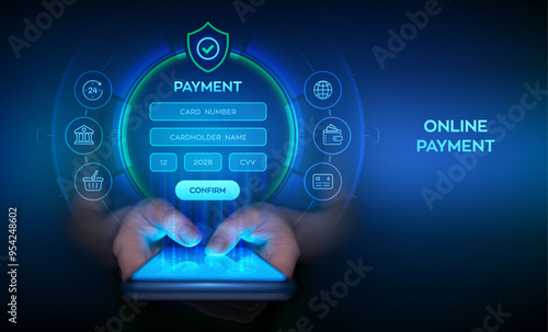 Online payment concept. Online banking digital technology. Online payment via banking application using smartphone. Online shopping. Financial transaction. Smartphone in hands. Vector illustration.