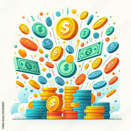 Free  Money vector money photo Gold coins and banknotes 3d cartoon style icon black Friday 
