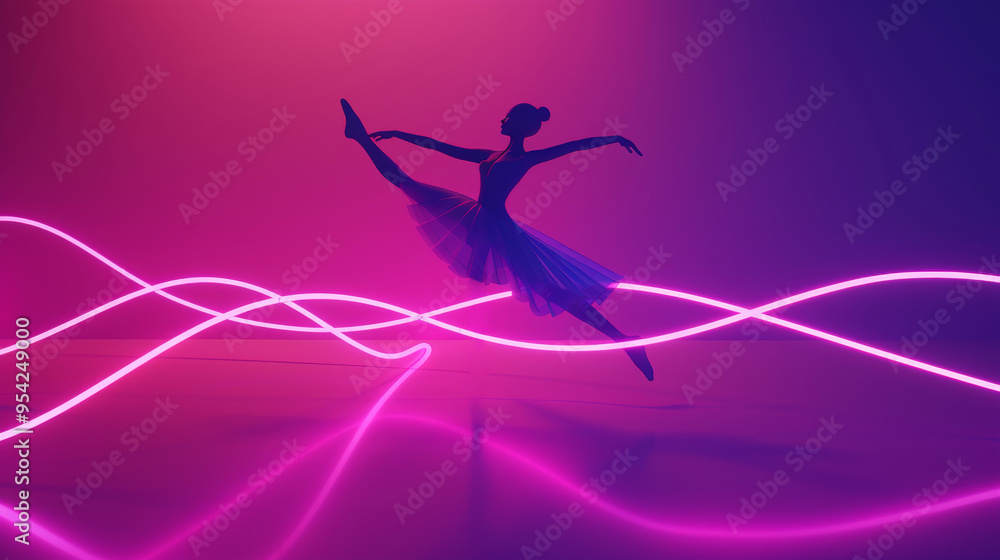 3D illustration of a ballerina silhouette in ballet dress dancing pose in space with neon lights and glow holographic lines in dreamy cyberpunk fashion style purple background 3D illustration of a ballerina silhouette in ballet dress dancing pose in space with neon lights and glow holographic lines in dreamy cyberpunk fashion style purple background