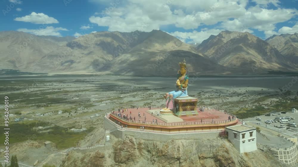 Aerial View of Maitreya Buddha and Diskit Monastery in Nubra Valley, Ladakh Aerial View of Maitreya Buddha and Diskit Monastery in Nubra Valley, Ladakh
