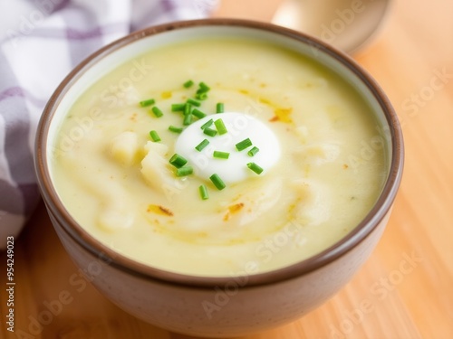 A bowl of creamy leek and potato soup, garnished with chives and a dollop of sour cream