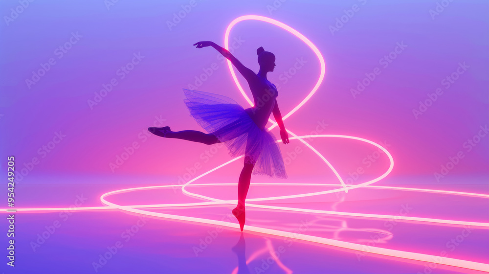 3D illustration of a ballerina silhouette in ballet dress dancing pose in space with vibrant colorful neon lights and glow holographic lines in dreamy cyberpunk fashion style gradient blue background 3D illustration of a ballerina silhouette in ballet dress dancing pose in space with vibrant colorful neon lights and glow holographic lines in dreamy cyberpunk fashion style gradient blue background