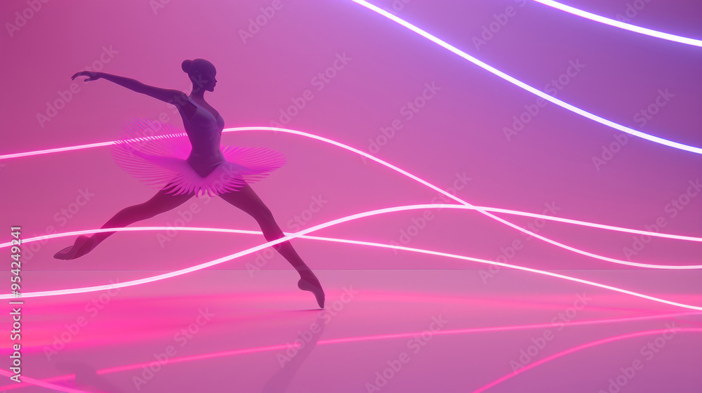 3D illustration of a ballerina silhouette in ballet dress dancing pose in space with pink neon lights and glow holographic lines in dreamy cyberpunk fashion style pink background 3D illustration of a ballerina silhouette in ballet dress dancing pose in space with pink neon lights and glow holographic lines in dreamy cyberpunk fashion style pink background