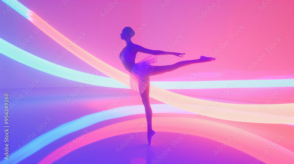 3D illustration of a ballerina silhouette in ballet dress dancing pose in space with colorful cool neon lights and glow holographic lines in dreamy cyberpunk fashion style pink background 3D illustration of a ballerina silhouette in ballet dress dancing pose in space with colorful cool neon lights and glow holographic lines in dreamy cyberpunk fashion style pink background