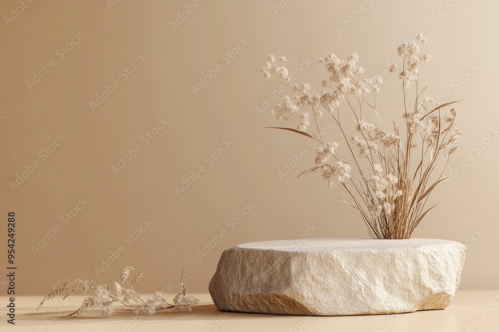 Abstract nature scene Stone podium composition and dry flower on beige brown background for cosmetic, beauty product branding, perfume, skin care and cosmetic backdrop. Copy space, front view , ai Abstract nature scene Stone podium composition and dry flower on beige brown background for cosmetic, beauty product branding, perfume, skin care and cosmetic backdrop. Copy space, front view , ai