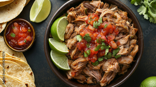 Meat dish with carnitas served with lime photo