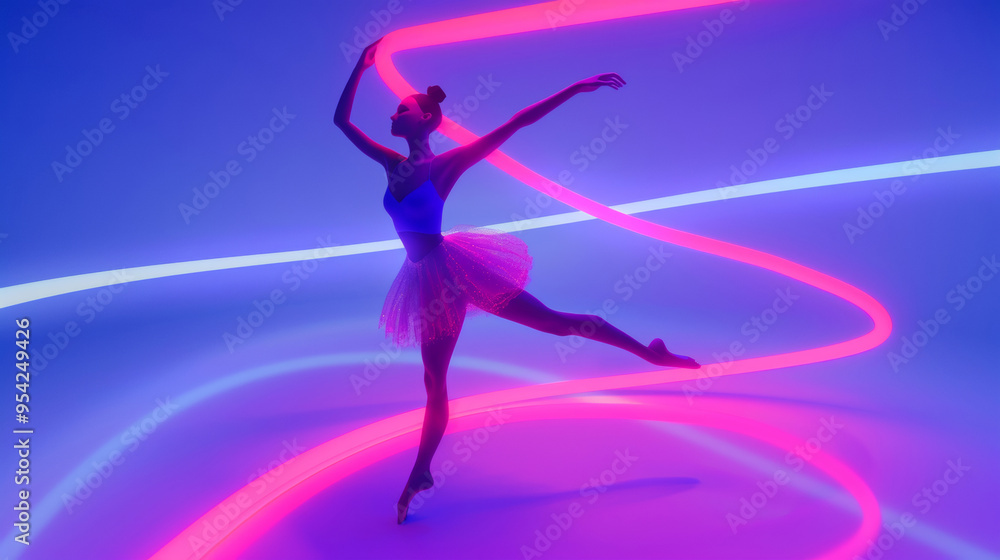 3D illustration of a ballerina silhouette in ballet dress dancing pose in space with vibrant colorful neon lights and glow holographic lines in dreamy cyberpunk fashion style gradient blue background 3D illustration of a ballerina silhouette in ballet dress dancing pose in space with vibrant colorful neon lights and glow holographic lines in dreamy cyberpunk fashion style gradient blue background