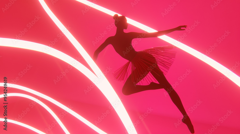 3D illustration of a ballerina silhouette in ballet dress dancing pose in space with colorful neon lights and glow holographic lines in dreamy cyberpunk fashion style gradient cool red background 3D illustration of a ballerina silhouette in ballet dress dancing pose in space with colorful neon lights and glow holographic lines in dreamy cyberpunk fashion style gradient cool red background