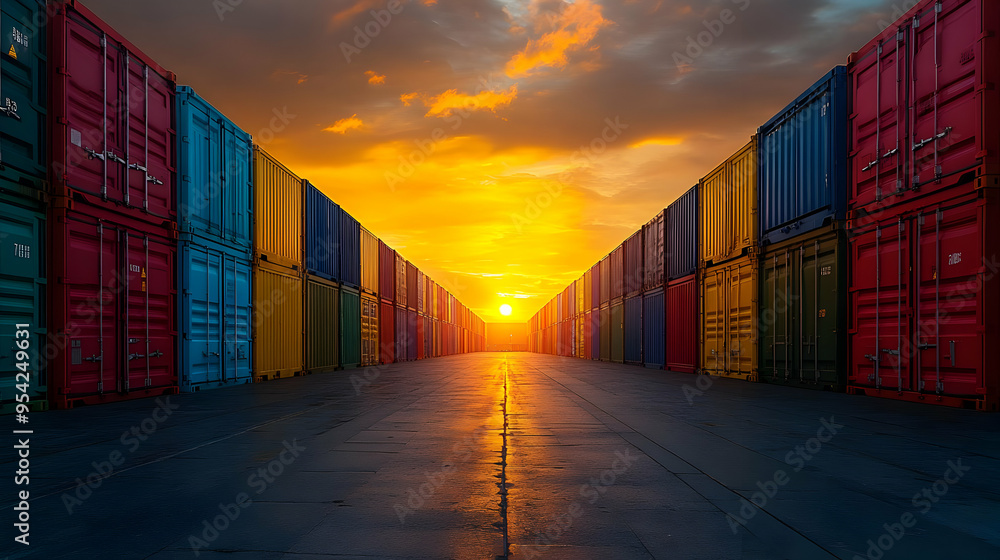 Fototapeta premium Rows of colorful shipping containers with a sunset in the background.