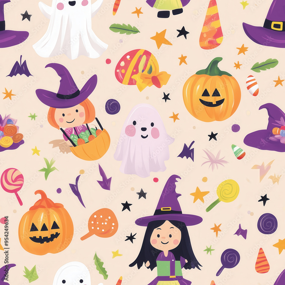 Halloween design featuring witches, ghosts, and candy on a light beige background Halloween design featuring witches, ghosts, and candy on a light beige background