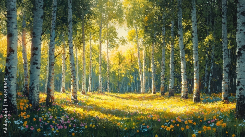 Obraz premium Sunlit Birch Tree Forest with Wildflowers