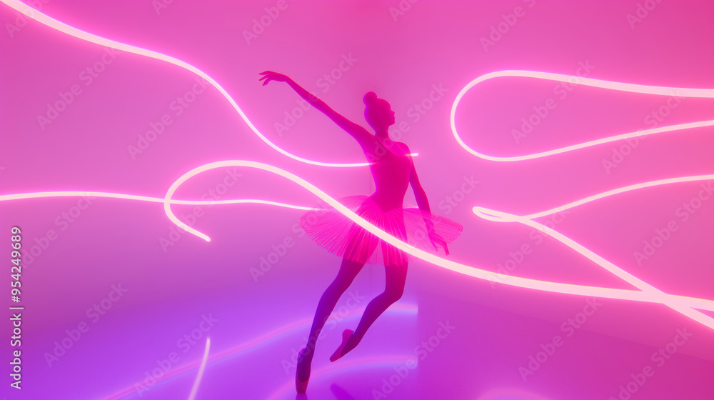 3D illustration of a ballerina silhouette in ballet dress dancing pose in space with pink neon lights and glow holographic lines in dreamy cyberpunk fashion style gradient mist pink background 3D illustration of a ballerina silhouette in ballet dress dancing pose in space with pink neon lights and glow holographic lines in dreamy cyberpunk fashion style gradient mist pink background