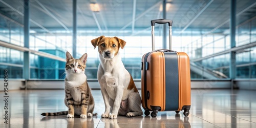 Journey companions Cat and dog sitting near luggage in an airport , travel, companionship, animals, pets, airport photo