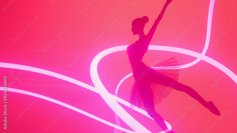 3D illustration of a ballerina silhouette in ballet dress dancing pose in space with pink neon lights and glow holographic lines in dreamy cyberpunk fashion style pink background 3D illustration of a ballerina silhouette in ballet dress dancing pose in space with pink neon lights and glow holographic lines in dreamy cyberpunk fashion style pink background