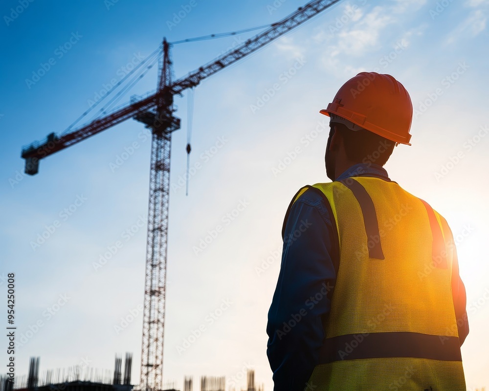 Construction worker in hardhat and safety vest looking at a crane on a construction site. Construction worker in hardhat and safety vest looking at a crane on a construction site.