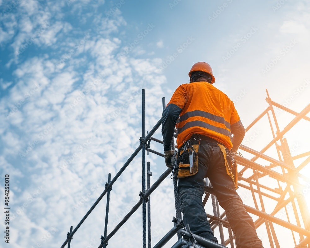 Construction worker in safety gear standing on scaffolding, looking up at the sky. Construction worker in safety gear standing on scaffolding, looking up at the sky.